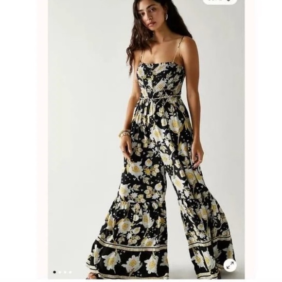 Free People Black Yellow Little of your Love Smocked Floral Jumpsuit size small - Picture 10 of 14
